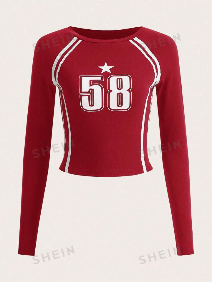 SHEIN Coolane Number Print Raglan Sleeve Crop Tee | SHEIN