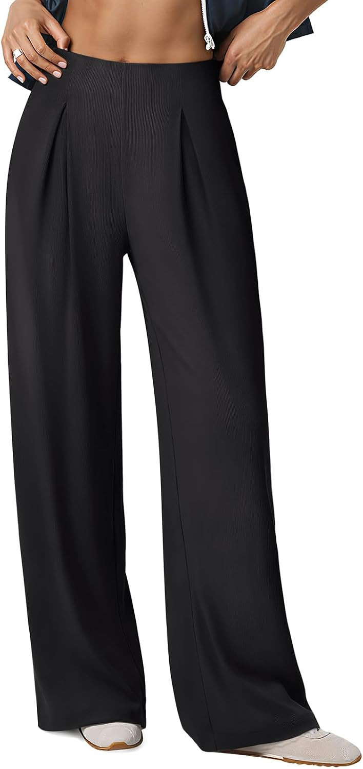 LASLULU Women Wide Leg Flowy Yoga Pants Pleated Rib Knit Lounge Pants | Amazon (US)