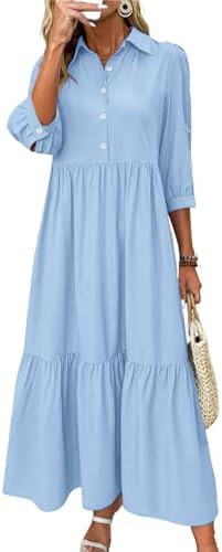 chouyatou Women's Casual Button Up Polo Collar Shirt Dress 3/4 Sleeve Ruffle Tiered Maxi Long Dre... | Amazon (US)