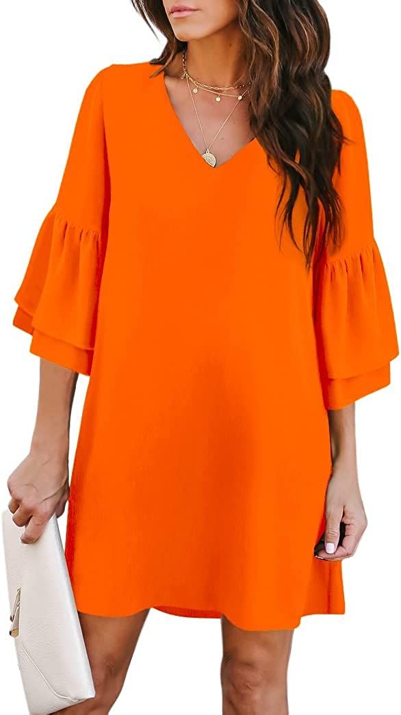 BELONGSCI Women's 2023 Summer Dress Sweet & Cute V-Neck Bell Sleeve Shift Dress Mini Dress, Perfe... | Amazon (US)