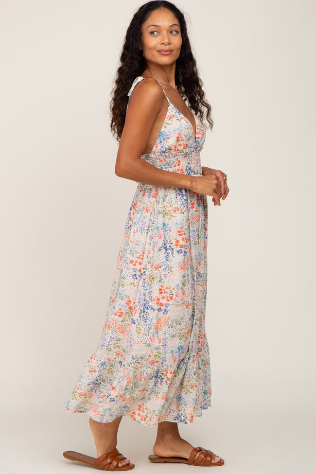 Cream Floral Shoulder Tie Midi Dress | PinkBlush Maternity