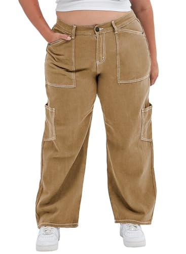 Eytino Plus Size Cargo Pants for Women High Waisted Stretch Work Wide Leg Baggy Denim Pants with 5 Pockets,4X Khaki | Amazon (US)