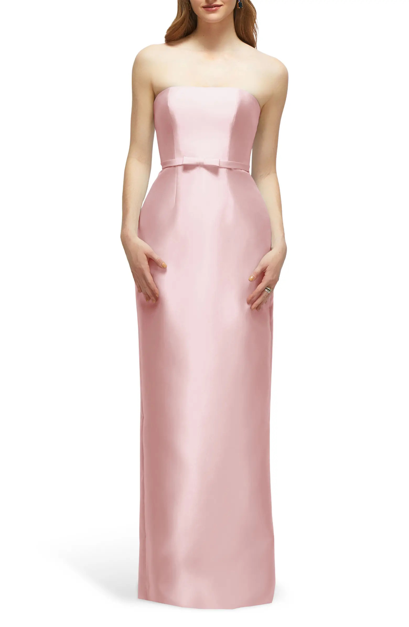 Alfred Sung Strapless Bow Belt Satin Twill Column Gown | Nordstrom | Nordstrom