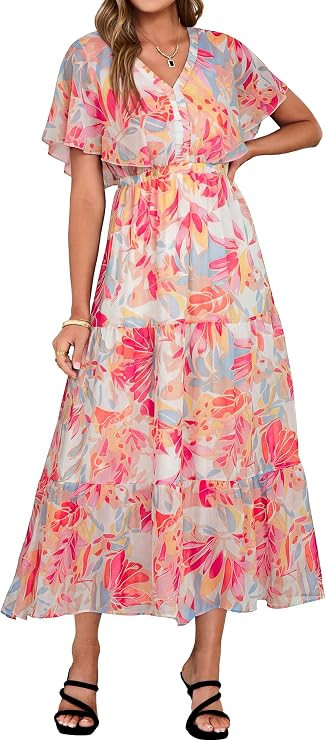 Simplee Womens Floral Boho Maxi Dress Summer Beach Wedding Guest V Neck Ruffle Sleeve Long Flowy ... | Amazon (US)