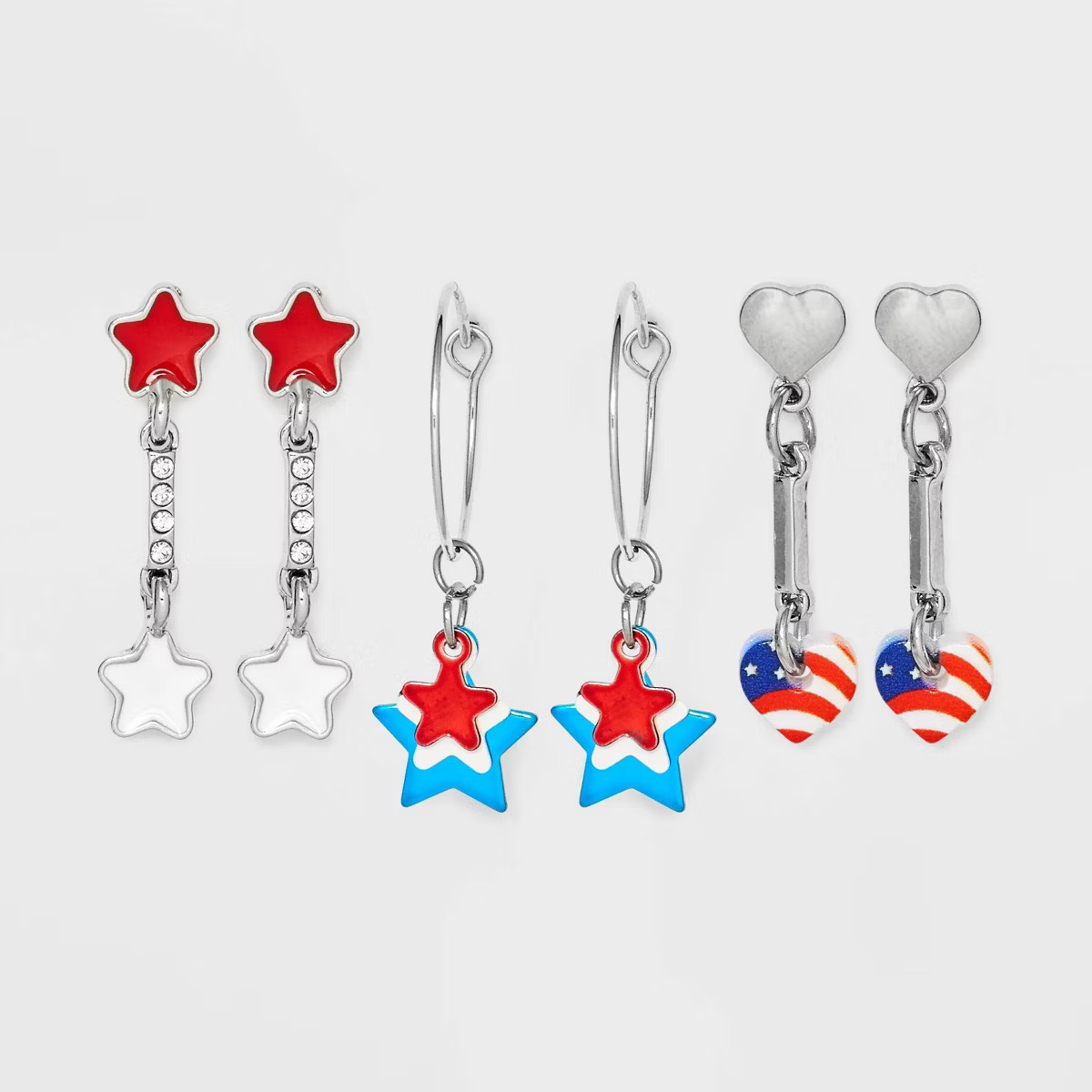 Americana Drop Star and Heart Earring Set 3pc - Red/Silver/Blue | Target