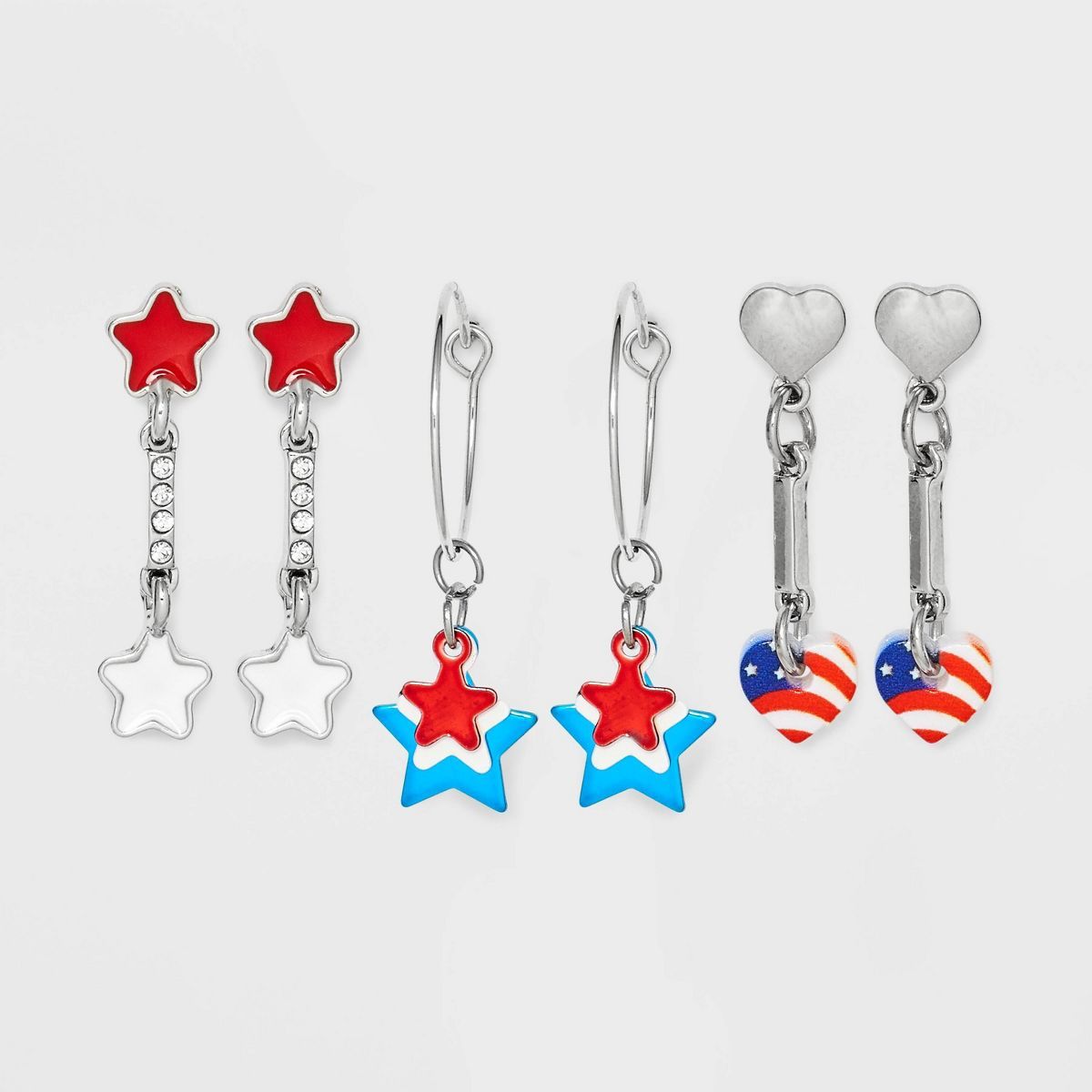 Americana Drop Star and Heart Earring Set 3pc - Red/Silver/Blue | Target