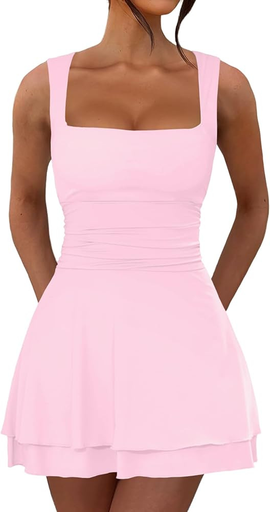 Women's Ruffle Hem Square Neck Mini Dress Sleeveless Ruched Waist Short Formal Party Dresses | Amazon (US)