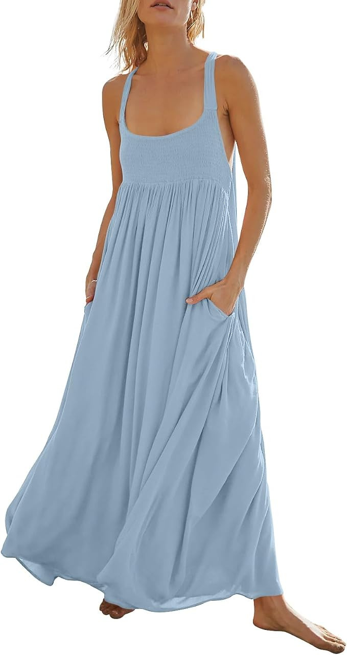 Women's Linen Dress Summer Casual Stretchy Halter Dress Sleeveless Flowy Smocked Beach Vacation M... | Amazon (US)