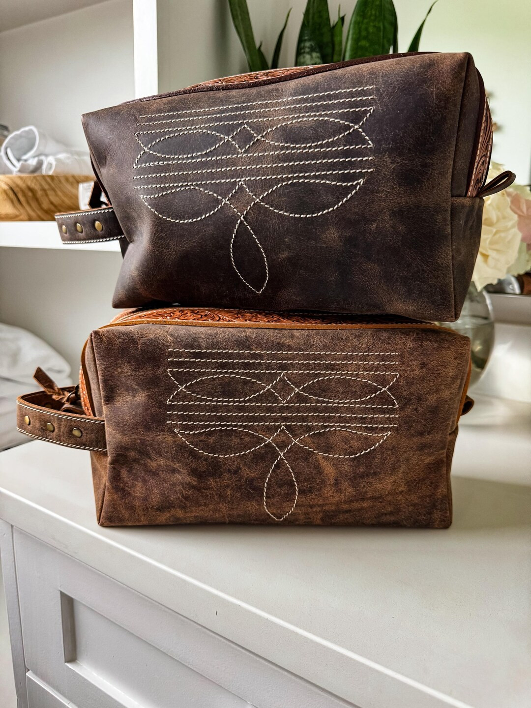 BOOT STITCH TOILETRY Bag Genuine Leather Hand Tooled Makeup Bag Travel Toiletry Pouch Western Sha... | Etsy (US)