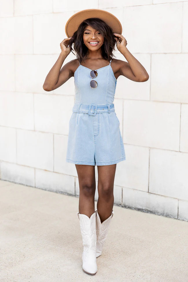 Uptown Style Light Wash Belted Denim Romper | Pink Lily