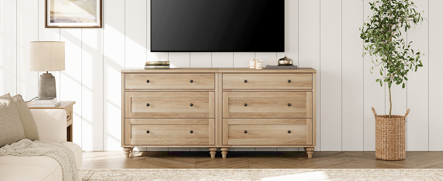 WAMPAT Dresser for Bedroom with 6 Drawers, Oak Kids Dressers with Wide Chest of Drawers, Mid Cent... | Amazon (US)