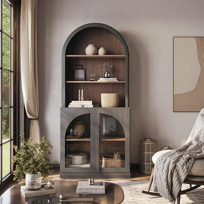 BELLEZE Arched Bookshelf with Glass Doors, 71" Tall Wood Display Cabinet with Adjustable Shelf an... | Amazon (US)