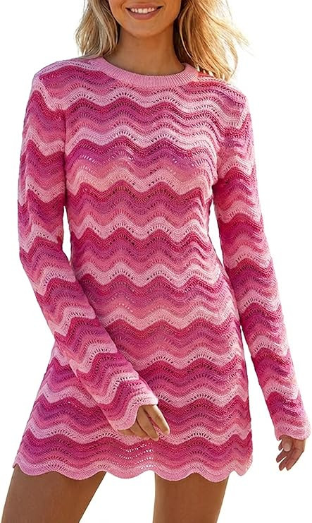 Women's Crochet Colorful Mesh Summer Long Sleeve Cover Ups Casual Striped Beach Wear Knit Mini Dr... | Amazon (US)
