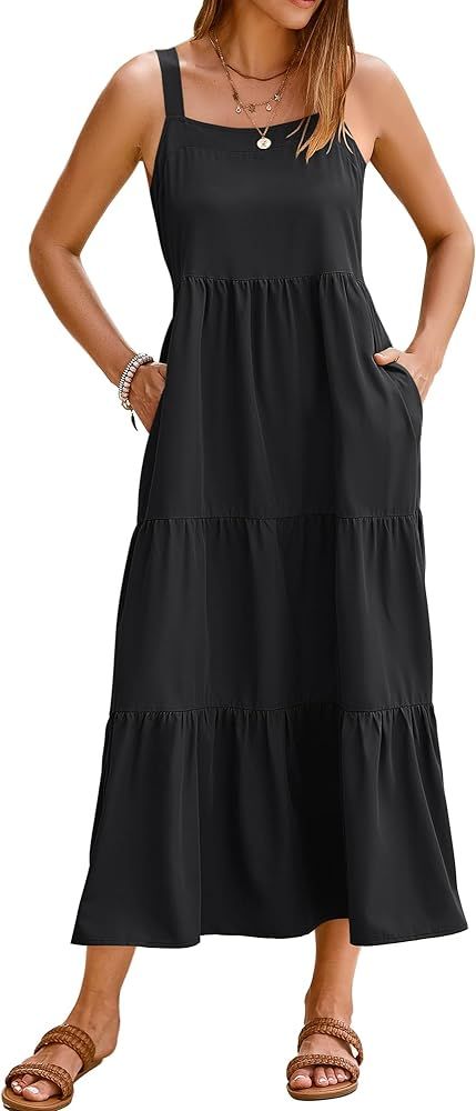SimpleFun Womens Summer Dresses Sleeveless Adjustable Straps Tiered Maxi Dress with Pockets Casua... | Amazon (US)