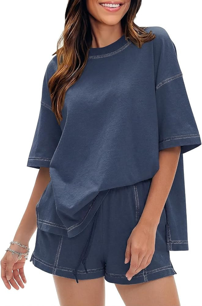 EXLURA Women's Casual Summer 2 Piece Sets 100% Cotton Short Sleeve Tshirt and Shorts Matching Swe... | Amazon (US)