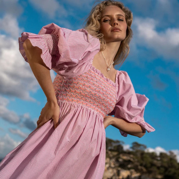 Josefine Butler Dress Raspberry Stripe Seersucker with Cool-Ade Hand Smocking | Smock London