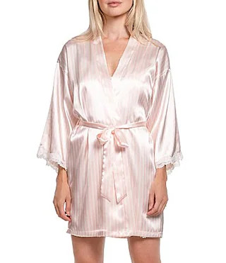 In Bloom By Jonquil Stripe Print 34 Sleeve Coordinating Satin Short Wrap Robe - XS/S | Dillard's