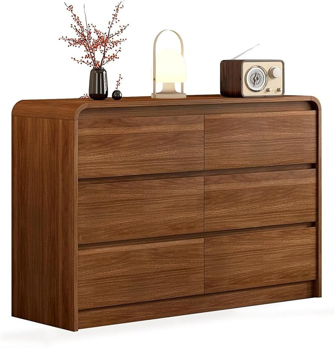 47 Inch Dresser For Bedroom 6 Drawer Wood Chest of Drawers - Curved Anti Collision, Mid Century D... | Amazon (US)