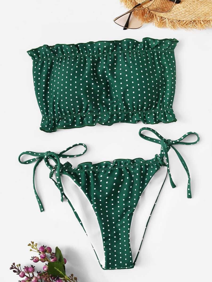 Polka-dot Ruffle Bandeau With Tied Side Bikini Set | SHEIN