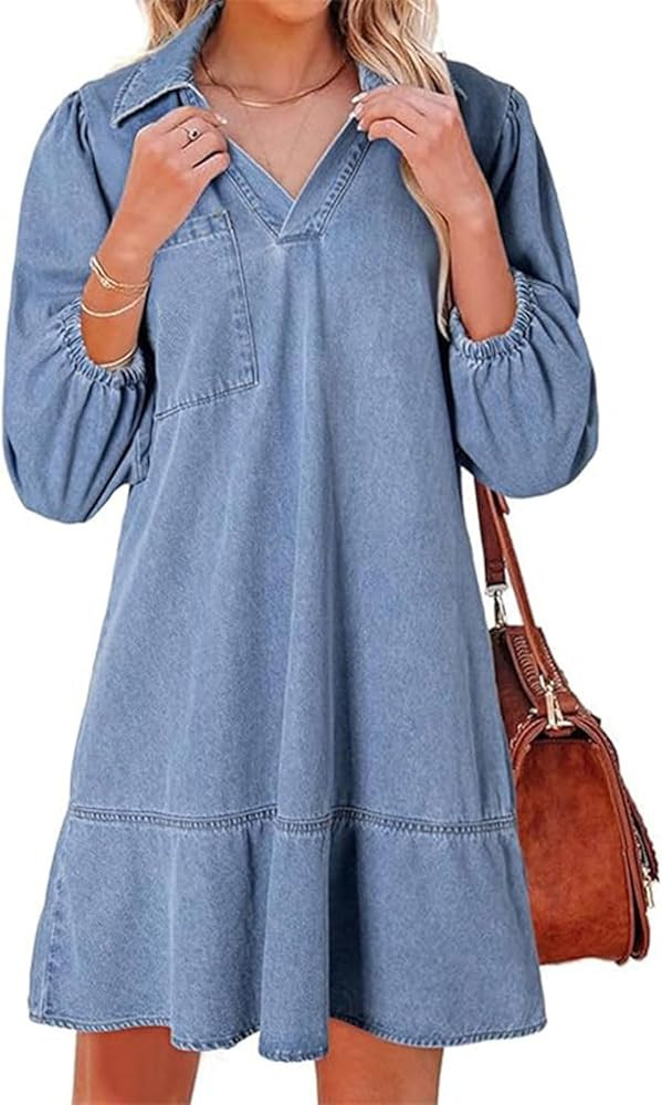 CHARTOU Women 3/4 Sleeve Ruffle Denim Dress Summer Collared V Neck Loose Shirt Jean Dress with Po... | Amazon (US)