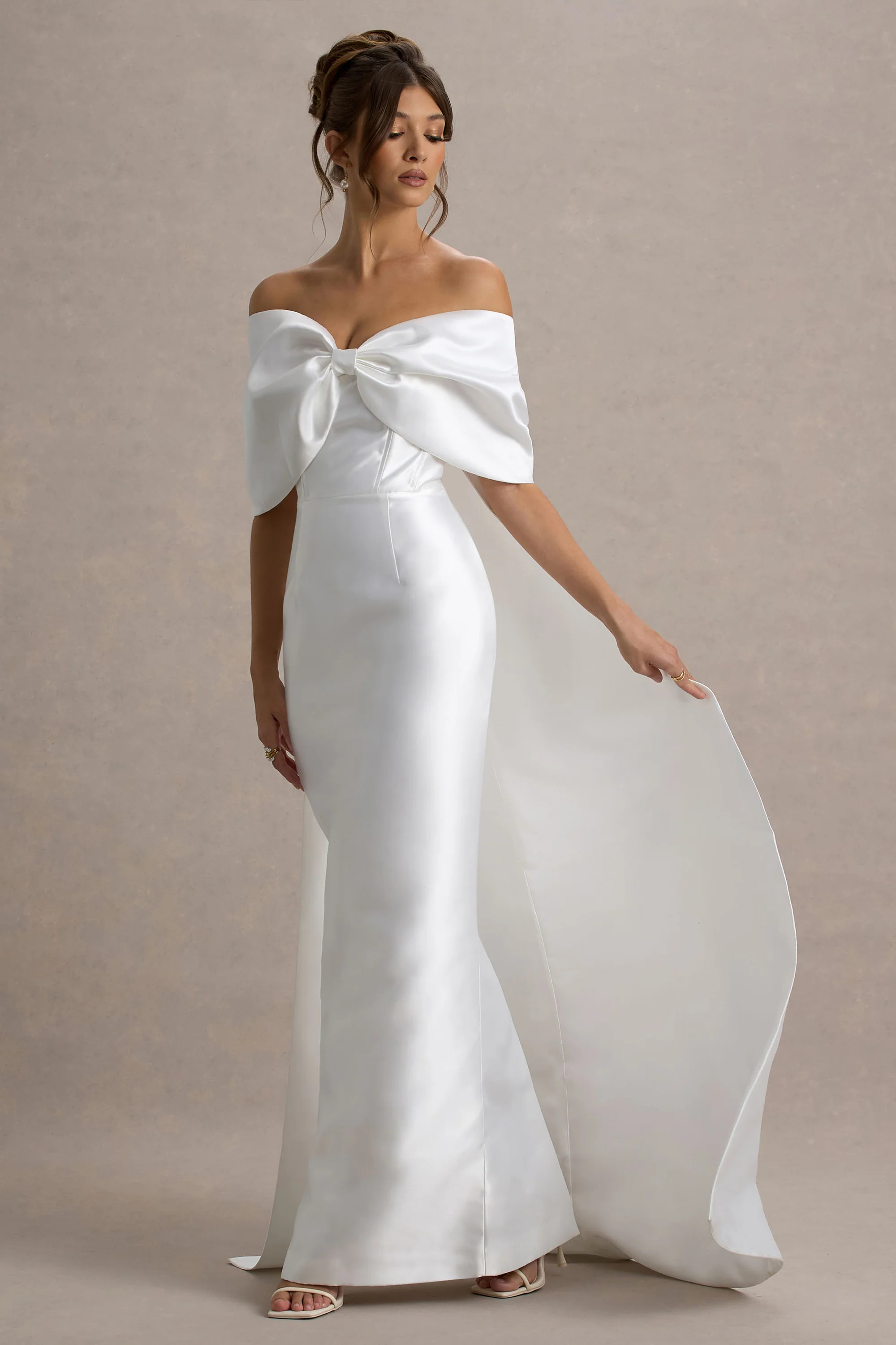 Wanting More  Off White Satin Cape Maxi Dress With Oversized Bow | Club L London