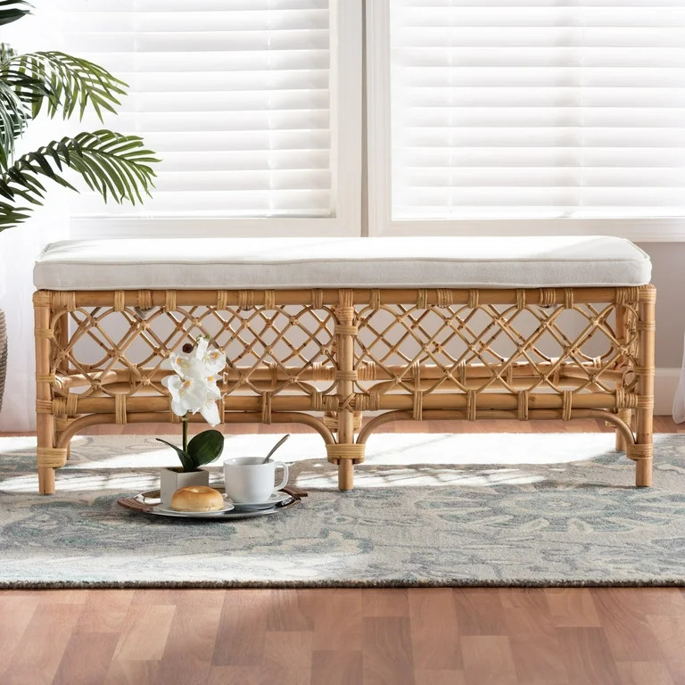 bali & pari Orchard Modern Bohemian White Fabric Upholstered and Natural Brown Rattan Bench | Walmart (US)