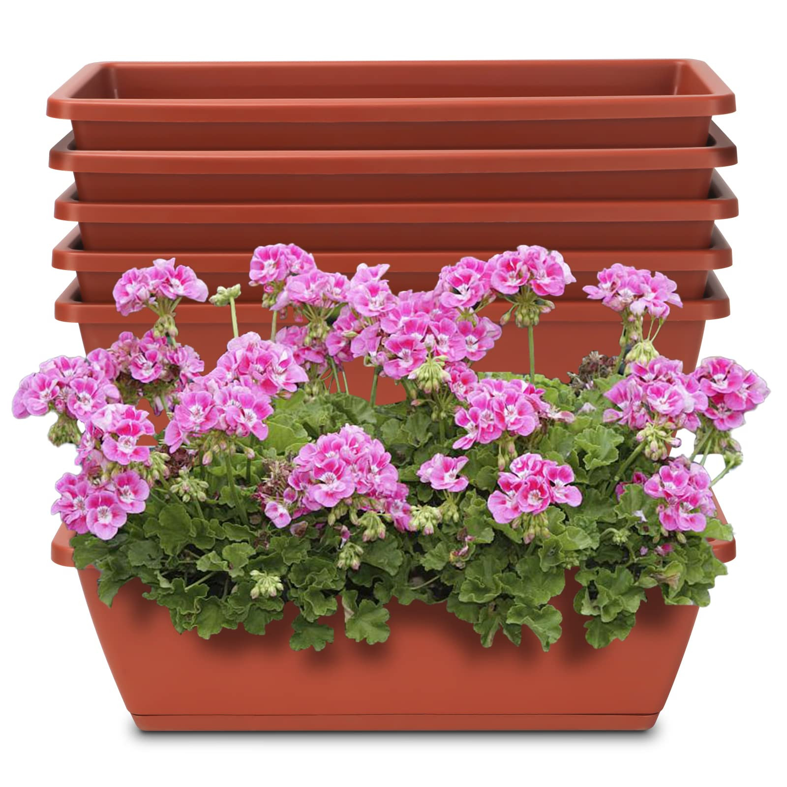 Window Box Planter, 6 Packs 17 Inches Rectangle Planters Box with Drainage Holes and Trays, Vegetable Planters for Windowsill Patio Garden Home Decor Porch Yard Red | Amazon (US)