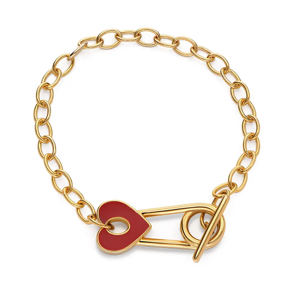 Love Locked Safety Pin Bracelet with Heart Charm in Gold Plating | Theo Grace