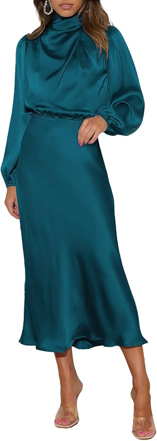 Pink Queen Women's Elegant Long Sleeve Satin Dress Mock Neck Elastic Waist Cocktail Party Wedding... | Amazon (US)