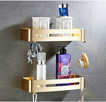 Shower Caddy Shelf with 2 Hooks Wall Mounted Bathroom Storage Kitchen Organizer Rack Adhesive Cor... | Amazon (US)