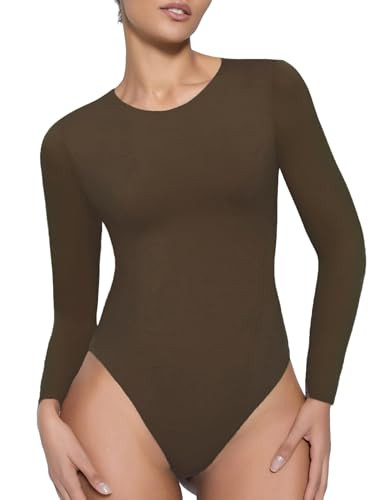 Avidlove Brown Bodysuits for Women Y2K Crew Neck Slimming Bodysuit Thong Long Sleeve Body Suit Tummy Control (Brown, L) | Amazon (US)