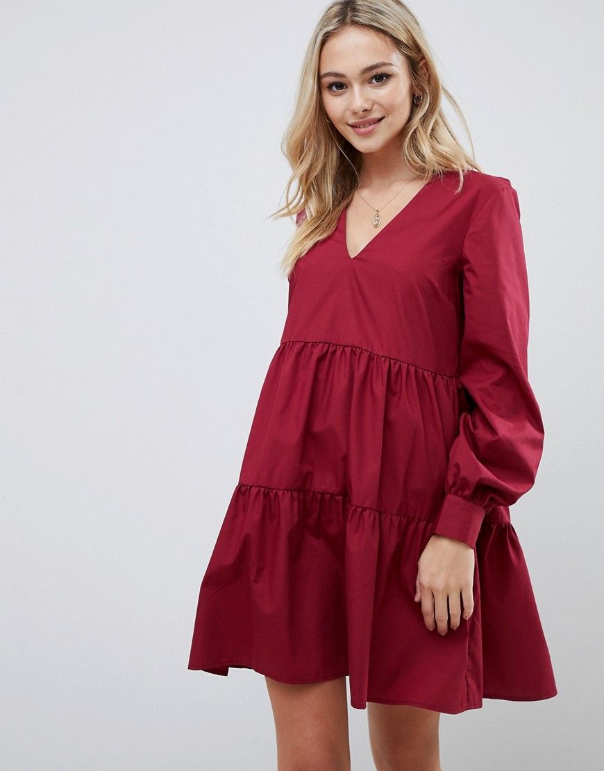 ASOS DESIGN tiered cotton smock mini dress with long sleeves - Red | ASOS US