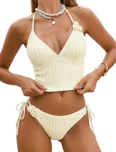 ZAFUL Womens Tankini Swimsuits Texture 3D Flower Decor Cropped Bikini Swimsuit 2 Pieces Cutout Bathing Suit (1-Beige, M) | Amazon (US)