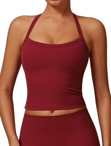 Womens Scoop Neck Longline Sports Bras Fixed Cross Back Women Workout Crop Tank Tops with Built in Bra Active Wear Athletic Work Out Gym Yoga Padded Bra Tank Top Wine Red S | Amazon (US)
