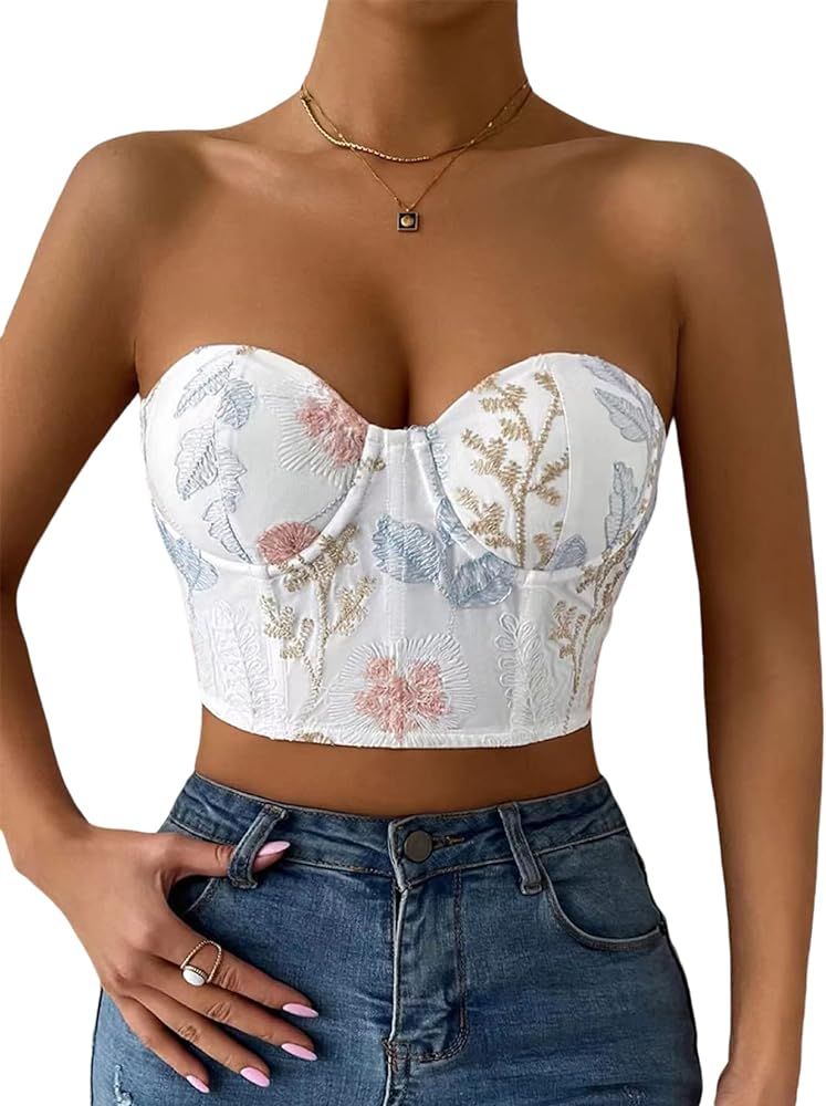 SOLY HUX Women's Casual Floral Print Lace Up Back Sleeveless Strapless Bandeau Tube Crop Corset T... | Amazon (US)