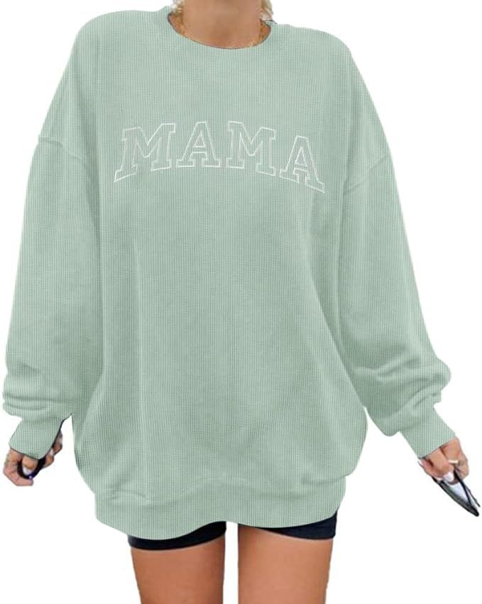 Womens Crewneck Sweatshirt Mama Letter Print Long Sleeve Loose Fashion Pullover Top | Amazon (US)