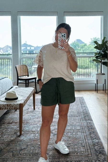 Outfit of the day. This lace sleeve top is perfect for summer. Mt shorts are sold out but I linked similar. I went up one size on top. 

Summer outfit / linen shorts / white sneakers /

#LTKStyleTip #LTKSeasonal #LTKOver40