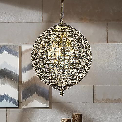 ALOADECOR 3-Light 16" Retro Antique Gold Crystal Globe Chandelier Sphere Cage-Style Shade Pendant Light for Kitchen Isl and Dining Room | Amazon (US)