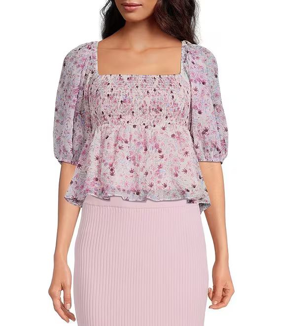 Maeve Smocked Floral Print Square Neck Short Puff Sleeve Babydoll Top | Dillard's