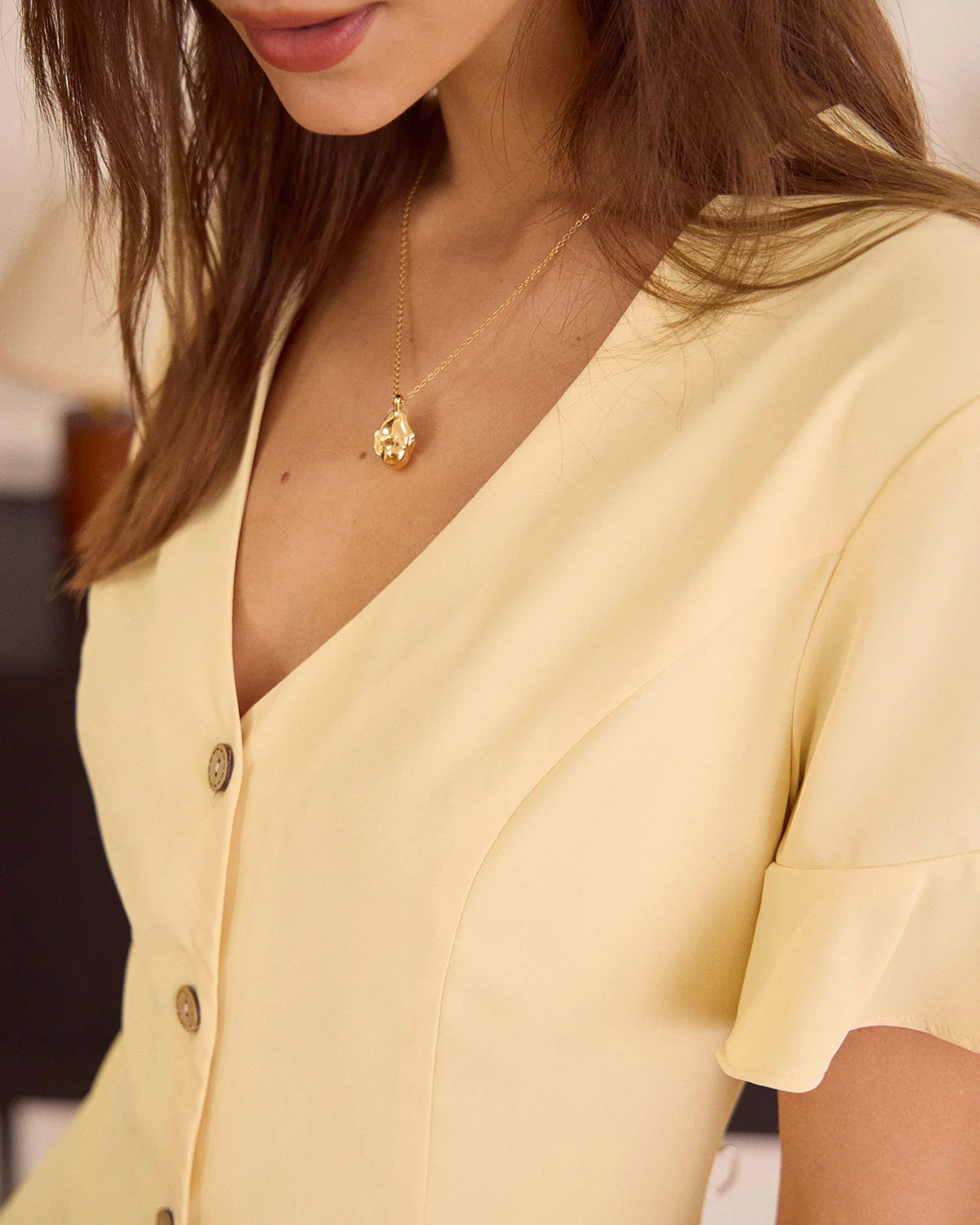 The Yellow V Neck Ruffle Button-up Mini Dress & Reviews - Yellow - Dresses | RIHOAS | rihoas.com