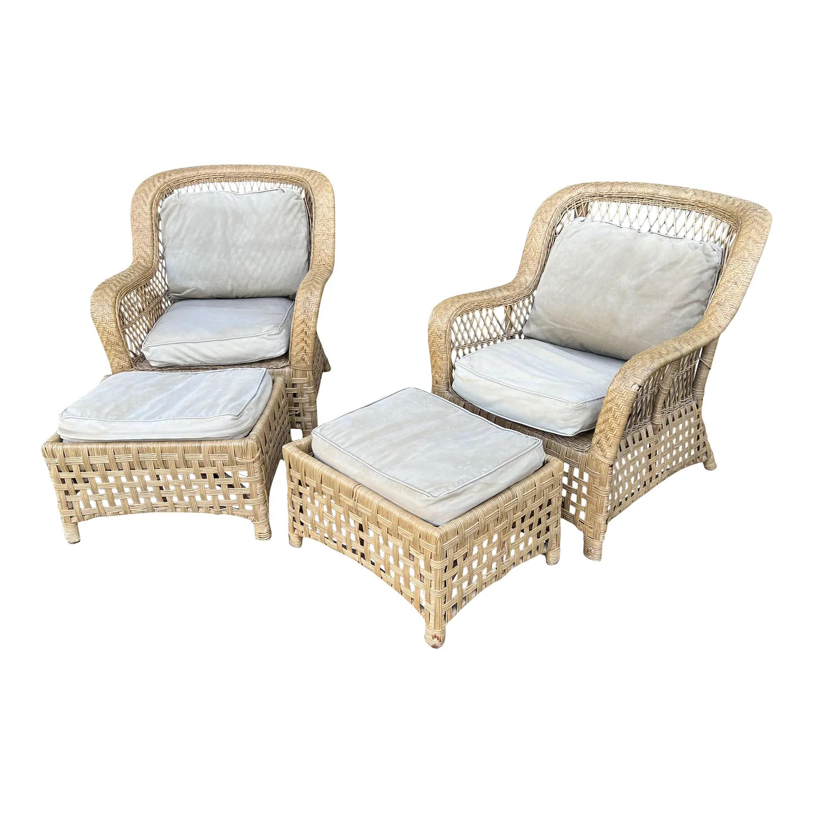 Late 20th Century Wicker Chairs With Ottomans Bielecky Brothers Style- 4 Pieces | Chairish