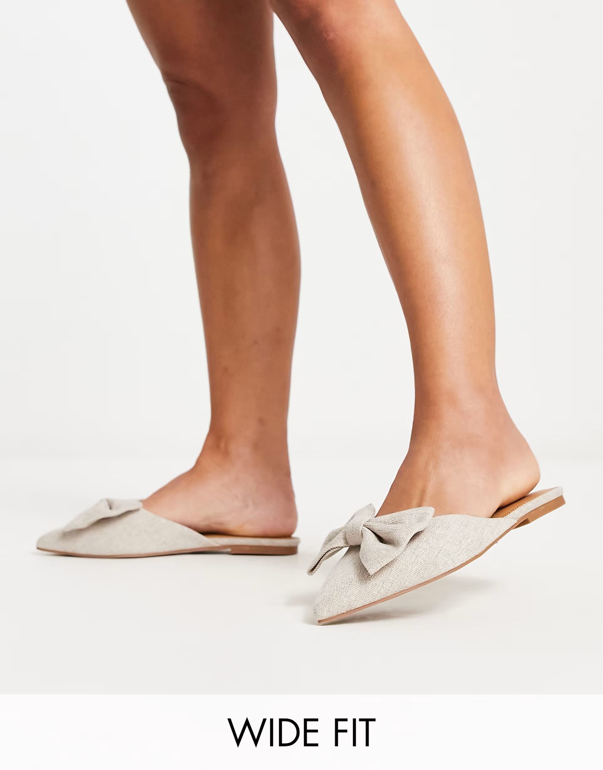 ASOS DESIGN Wide Fit Lass oversized bow pointed flat mules in natural | ASOS (Global)