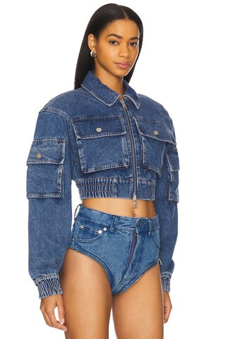 AKNVAS Kolbe Cropped Denim Bomber Jacket in Saxe Blue from Revolve.com | Revolve Clothing (Global)
