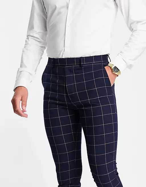 ASOS DESIGN super skinny suit pants with window check in navy | ASOS (Global)