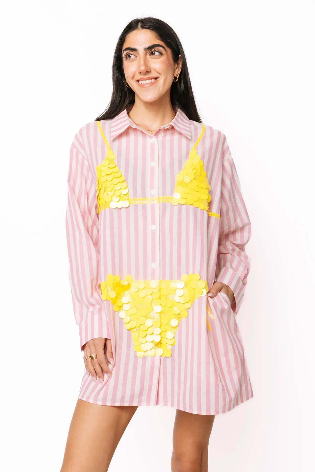 Pink Striped Yellow Paillette Bikini Tunic | Queen of Sparkles
