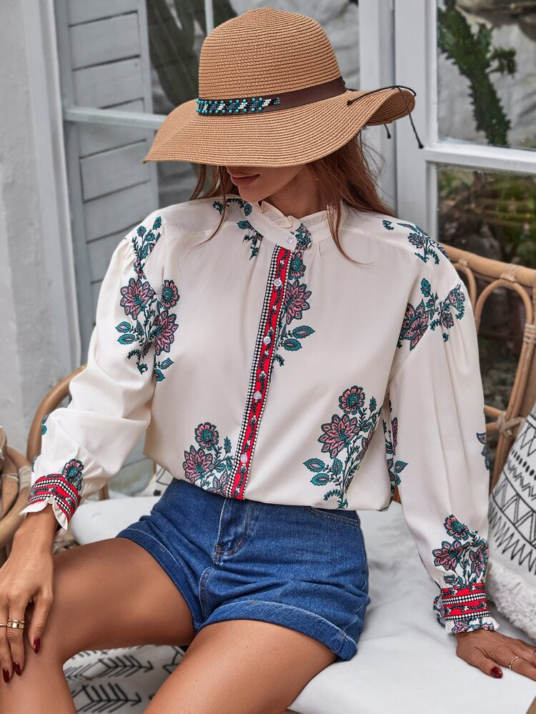 Floral Frill Neck Puff Sleeve Blouse | SHEIN