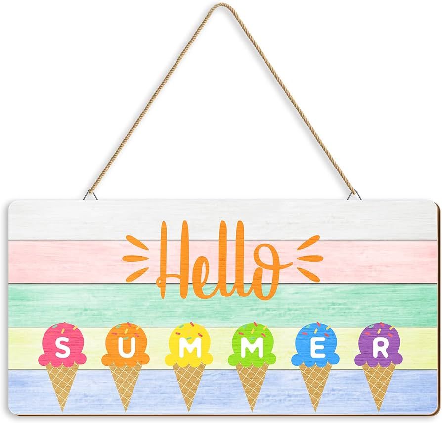 Hello Summer Door Sign Ice Cream Summer Decor Sign Beach Hanging Door Signs for Home Farmhouse Su... | Amazon (US)