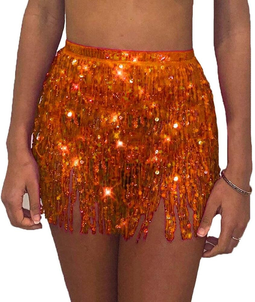 Women Belly Dance Skirt Sequin Fringe Wrap Skirts Sparkly Hip Scarf Skirt Party Rave Costume | Amazon (US)