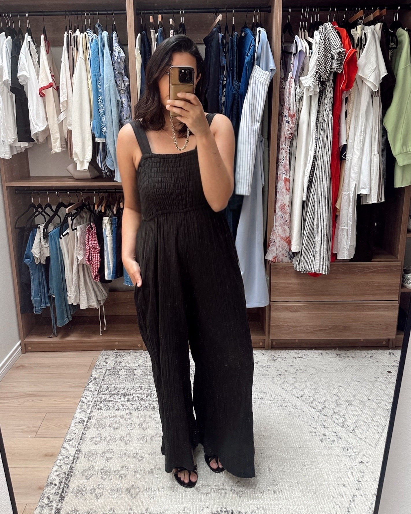 I love this jumpsuit — it is so comfortable. Is it the most fashionable piece? Nah, but it’s so comfortable I don’t really care. I wore it traveling and had zero regrets. I’m in the large for the length — it runs a bit short. I’ve washed it a few times now (air dry) and i feel like the length went up just a smidge, but not bad. 

Size up for length but otherwise, TTS!