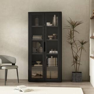 Rivington 79 in. Tall Modern Black Composite Wood 5-Shelf Standard Bookcase with Tempered Glass Doors | The Home Depot